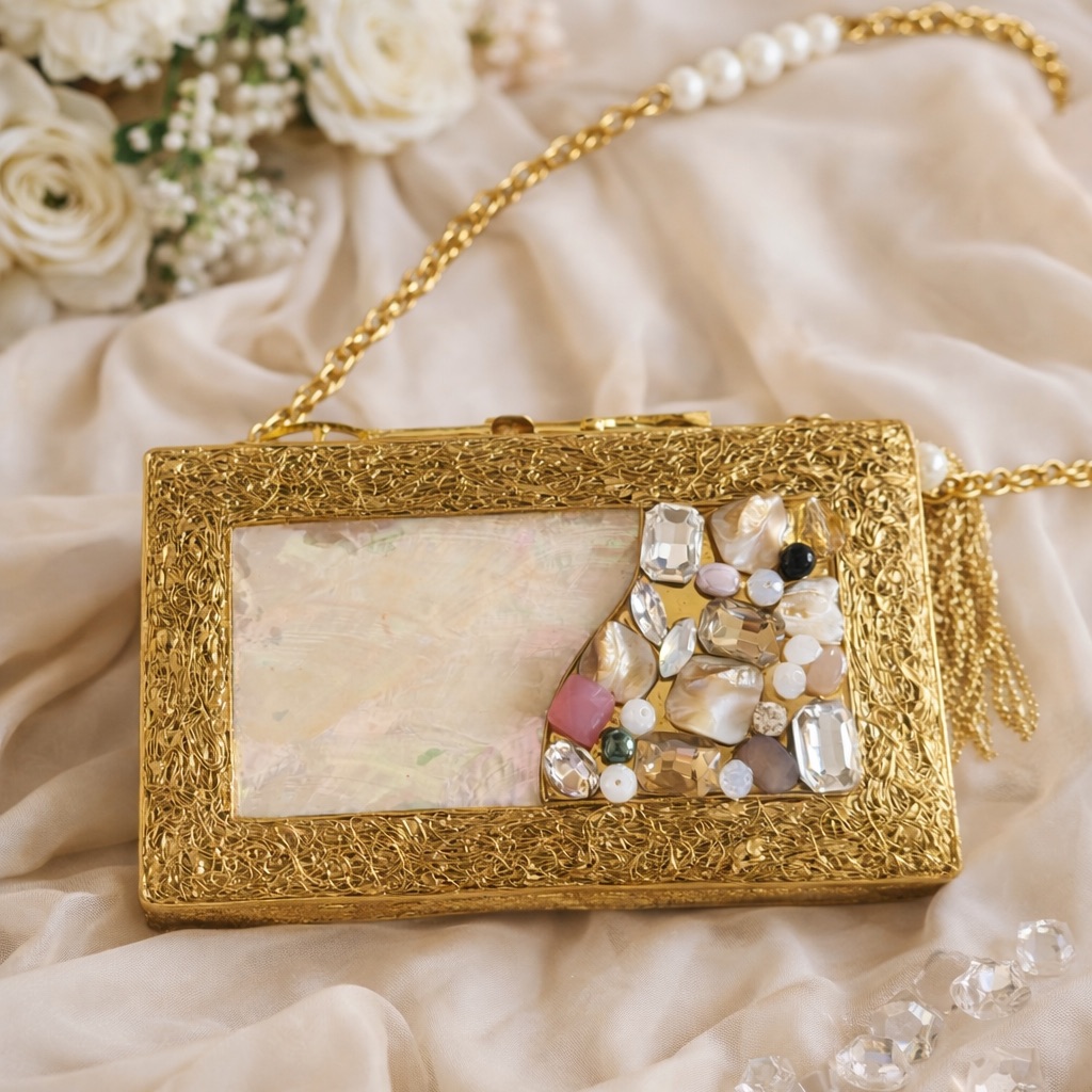 Elegant Gold Clutch With Gemstone Accents